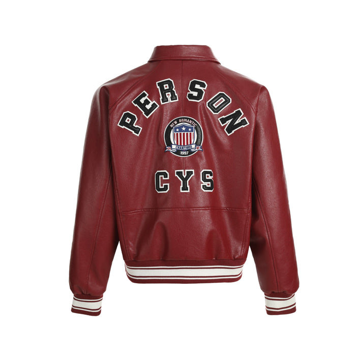 Burgundy PU leather bomber jacket back view with large PERSON and CYS patches