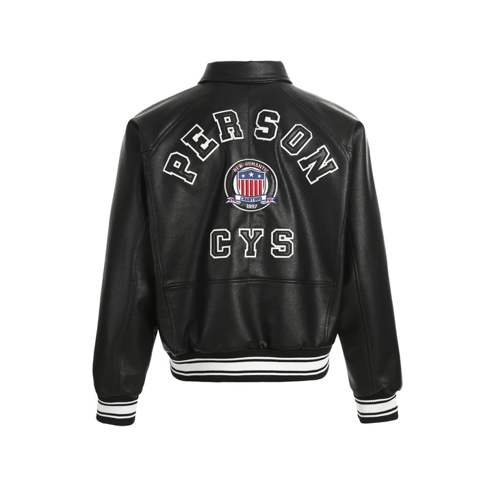 Black PU leather bomber jacket back view with large PERSON and CYS patches