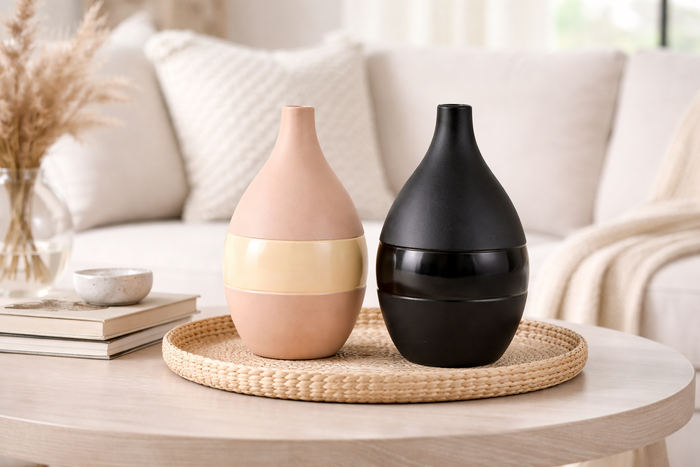 Vesera Large Enamel Flowerpot Vase | Romantic Peach & Black for Your Home