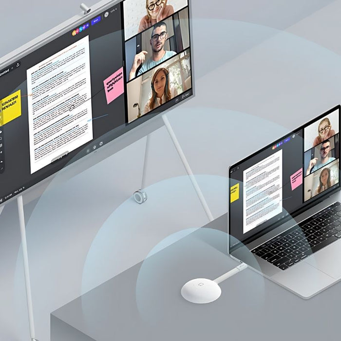 Vibe Tap wireless screencasting adapter range diagram showing the 15-metre direct wireless connection between a USB-C device and the Vibe Board S1 interactive whiteboard