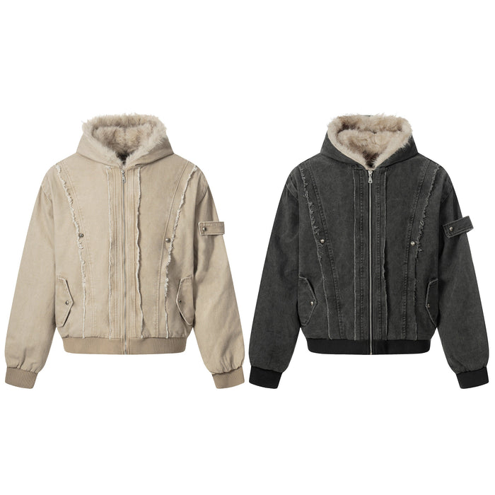 Sand beige washed denim hooded bomber jacket with faux shearling lining, frayed seam detailing, and ribbed cuffs