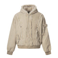Front view of beige washed denim bomber jacket with shearling hood and ribbed cuffs