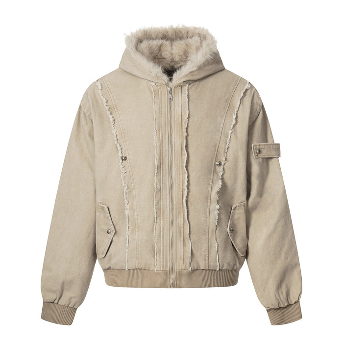 Front view of beige washed denim bomber jacket with shearling hood and ribbed cuffs