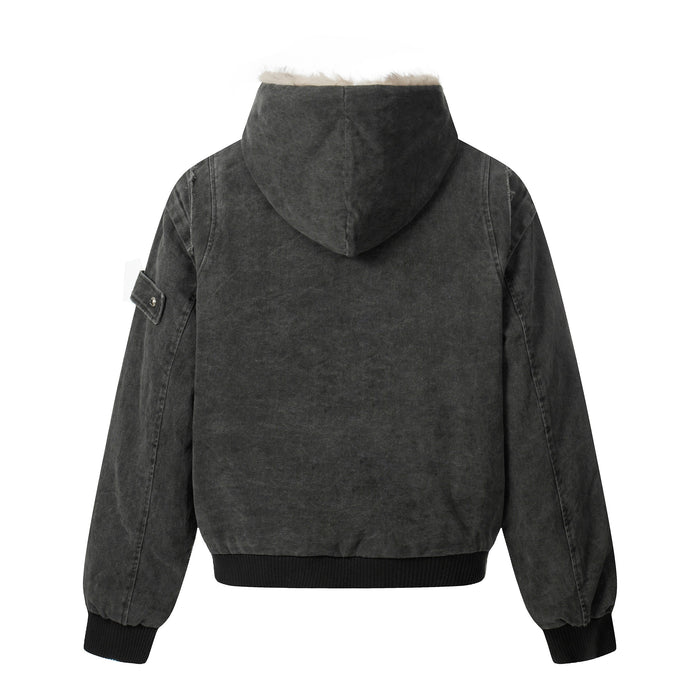 Back view of black washed denim bomber jacket with hood and ribbed hem