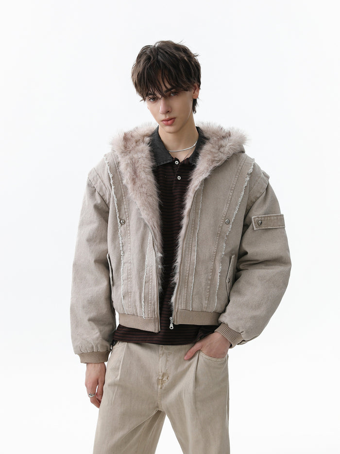 Beige shearling-lined denim bomber jacket worn open on a model, front view