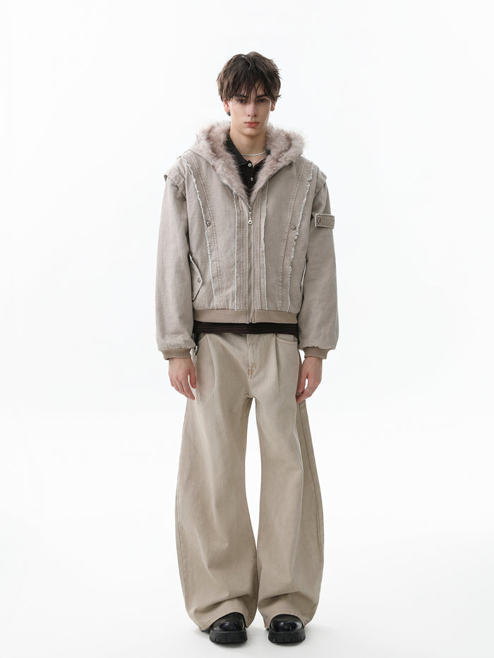 Beige shearling-lined denim bomber jacket on model, full-length front view