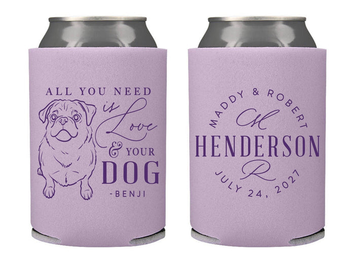 Wedding Can Cooler #247R - Custom Pet Illustration - All You Need is Love - Wedding Favors, Beverage Holder, Wedding Favor, Can Holder, Pet