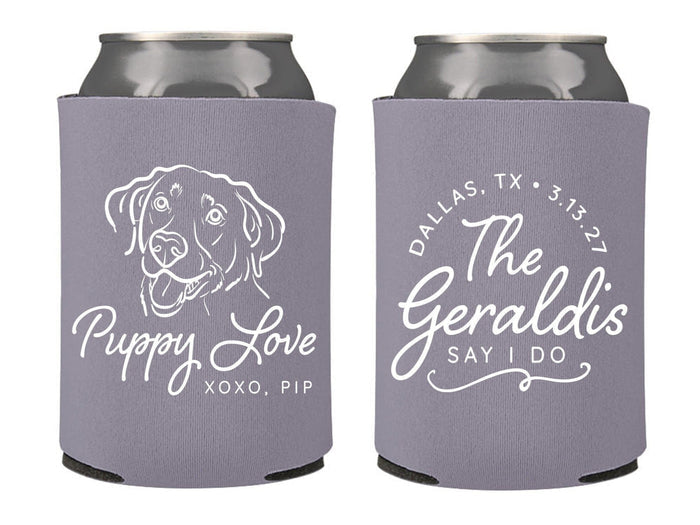 Wedding Can Cooler #250R - Custom Pet Illustration - Puppy Love - Wedding Favors, Beverage Holder, Wedding Favor, Can Holder, Pet Cans