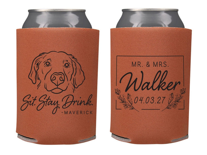 Wedding Can Cooler #251R - Custom Pet Illustration - Sit, Stay, Drink - Wedding Favors, Beverage Holder, Wedding Favor, Can Holder, Pet Cans