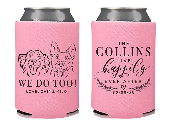 Wedding Can Cooler #253R - Custom Pet Illustration - Happily Ever After - Wedding Favors, Beverage Holder, Wedding Favor, Can Holder, Pets