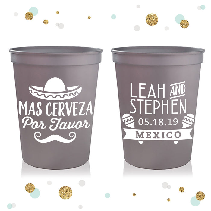 Wedding Can Cooler & Cup Package #117 - Mas Cerveza Por Favor - Custom - Wedding Drink Favor Combo Pack, Beer Cup, Stadium Cup Favor