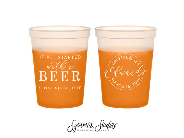 Wedding Color-Changing Mood Stadium Cups #209 - 16oz - It All Started With A Beer - Party Cup, Wedding Favor, Color Change Cup, Mood Cups
