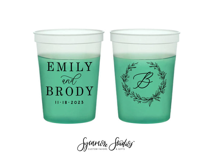 Wedding Color-Changing Mood Stadium Cups #211 - 16oz - Floral Wreath Monogram - Party Cup, Wedding Favor, Color Change Cup, Wedding Mood Cup