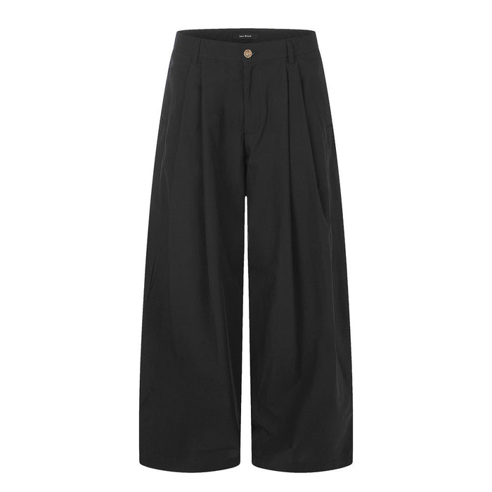 Black wide-leg pleated trousers shown from the front