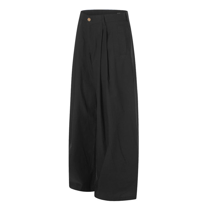 Black wide-leg pleated trousers shown in front side view