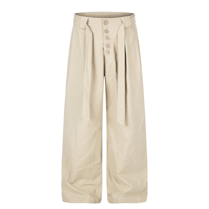 Beige wide-leg pleated trousers with button fly and self-tie belt, front and back views
