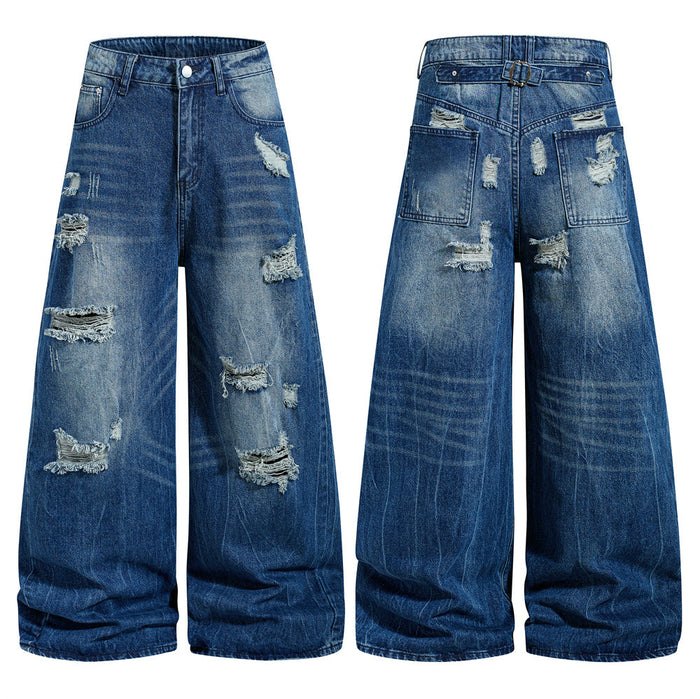 Front and back views of wide-leg blue ripped jeans with distressed patches and washed finish