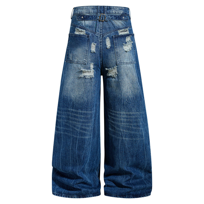 Back view of wide-leg blue ripped jeans with large patch pockets and faded wash