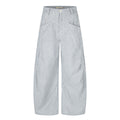Wide-leg blue and white vertical stripe pants with curved arc front pocket design, front and back view
