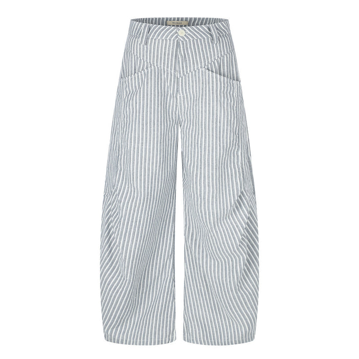 Wide-leg blue and white vertical stripe pants with curved arc front pocket design, front and back view