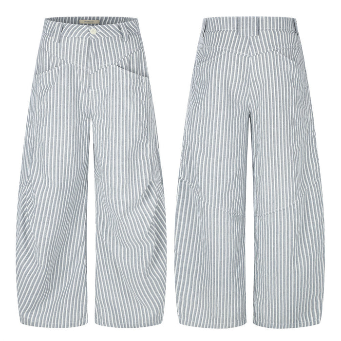 Wide-leg gray striped pants shown front and back, with curved arc pockets and high waist