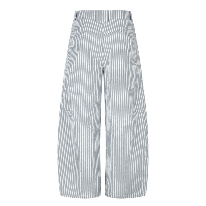 Back view of wide-leg gray striped pants with curved seam details and full-length legs