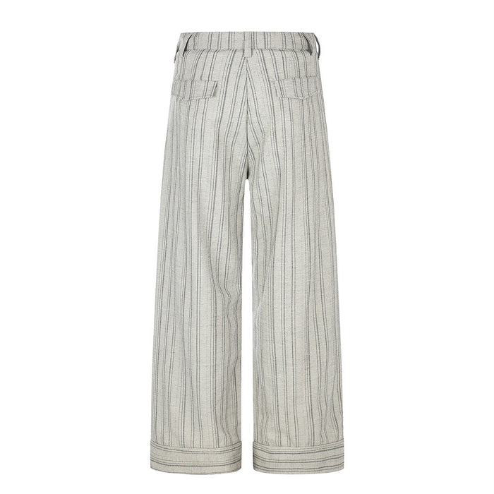 Back view of gray striped wide-leg trousers with patch pockets and cuffed hems