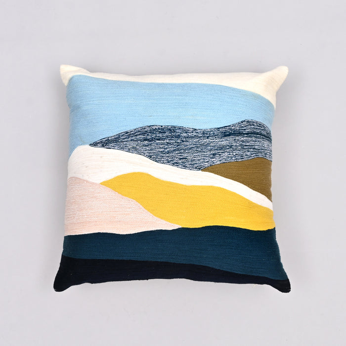 Wild Vista Hand-Embroidered Crewel Pillow Cover with Scenic Landscape Design