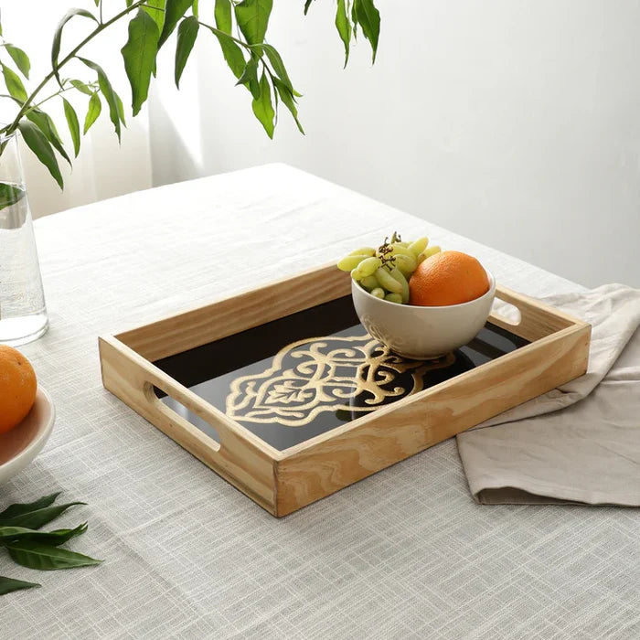 Wooden Glass Serving Tray with Gold Inlay Design | Modern Design Platter