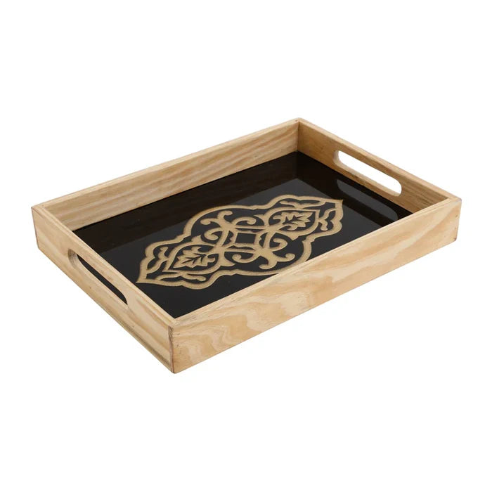 Wooden Glass Serving Tray with Gold Inlay Design | Modern Design Platter