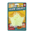 Package of YAY! Glow Galaxy plastic glow-in-the-dark stars by Comic Book, includes 15 pieces, shown against teal and yellow comic-style packaging with a hand displaying glowing stars. Warning label about small parts at the bottom.