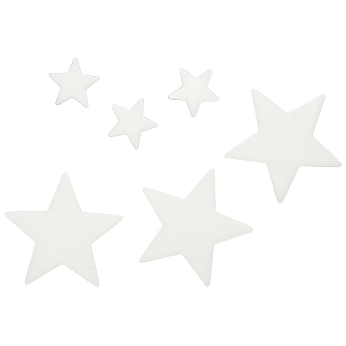 Six white, five-pointed stars of varying sizes are arranged on a plain white background, evoking a subtle, space-inspired aesthetic characteristic of the YAY! Glow Galaxy collection by Comic Book.