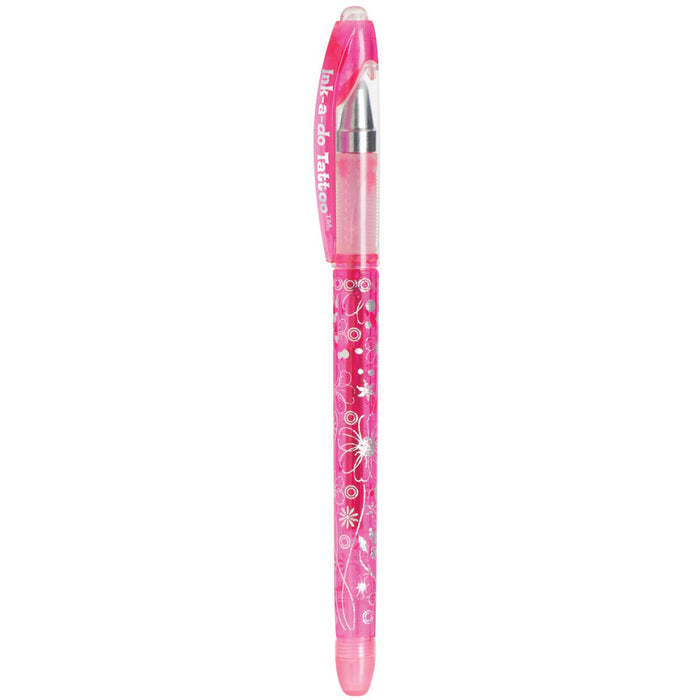 The YAY! Ink-A-Do Tattoo Pen by YAY! is a pink gel pen with decorative white barrel patterns, a clear cap featuring white text and a clip, and a translucent grip—perfect for kids' temporary body art.