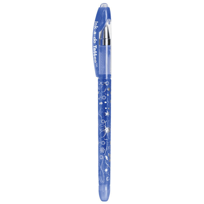 The YAY! Ink-A-Do Tattoo Pen is a blue gel pen with a translucent body, white decorative patterns, and a branded clip. Perfect for kids, this fun pen lets you create temporary body art with its exposed tip and round, see-through ends.