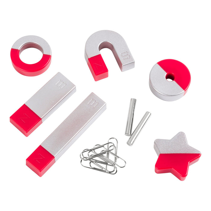 YAY! Magic Magnets by YAY! offers hands-on play with silver magnets—horseshoe, bars, circles, and a star—plus metal rods and paperclips. Perfect for kids, all displayed on a white background with red-ended magnets.