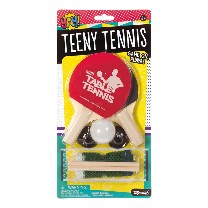 YAY! Teeny Tennis by YAY! is a miniature paddle-and-ball set with two paddles, a net, white ball, and net posts in colorful packaging featuring playful graphics—perfect for fast-paced action in a compact game.