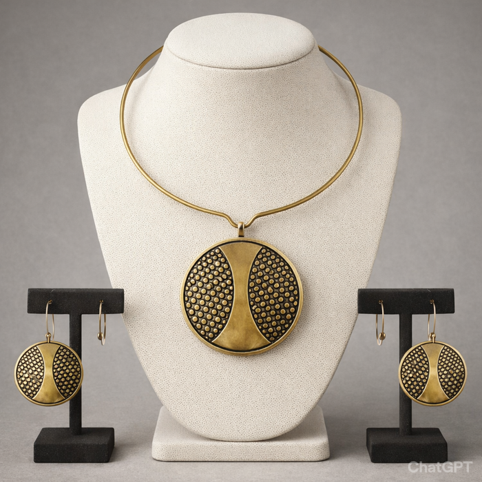 "Zingara Dexterity: Handcrafted Brass Necklace & Earrings with Geometric Design"